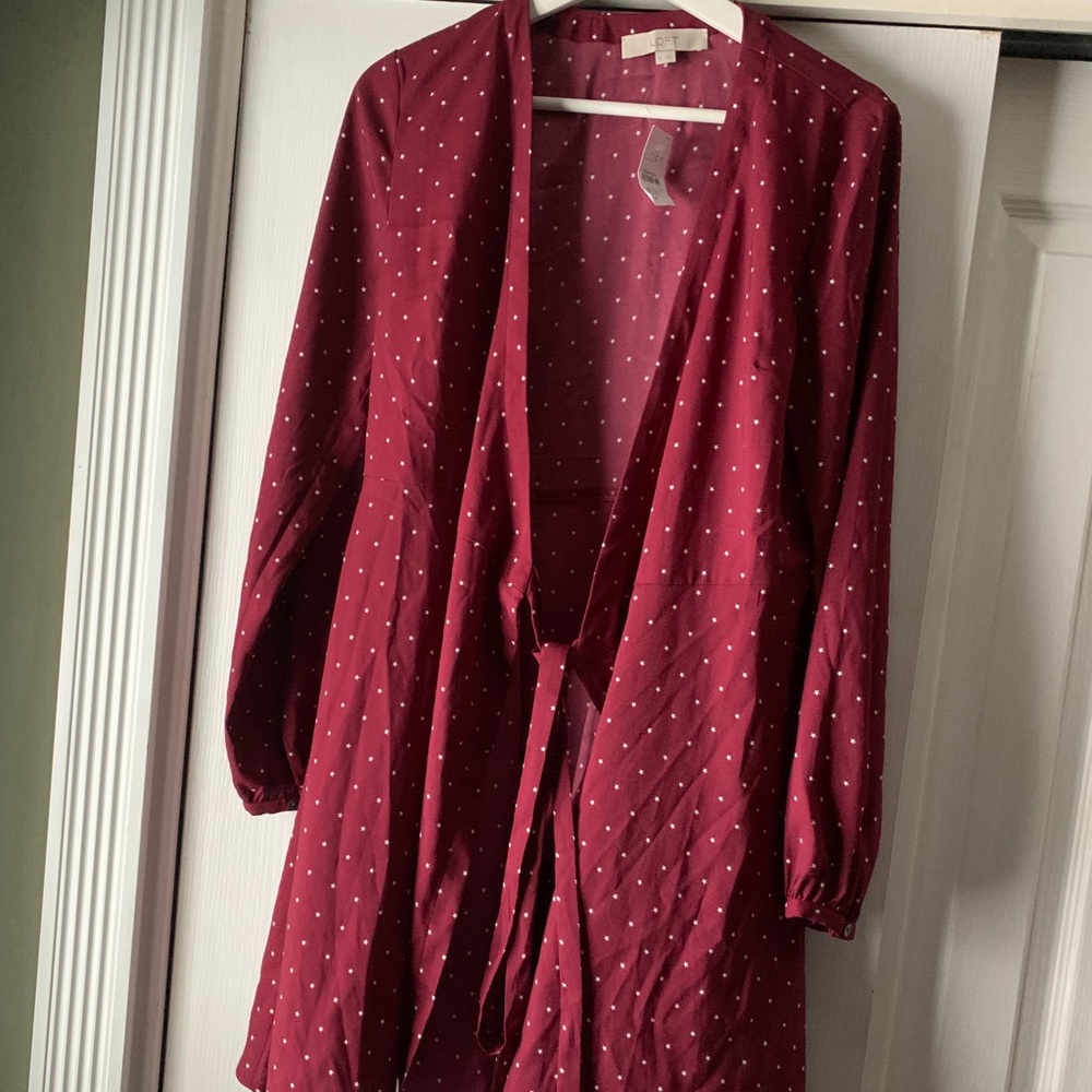 LOFT red wrap around dress with white polka dots.